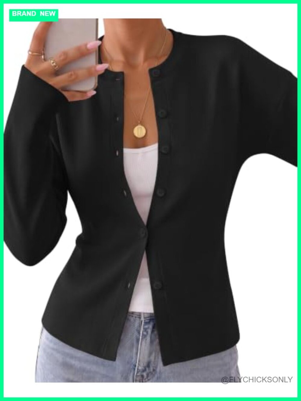 Women's Fitted Ribbed Knit Cardigan Long Sleeve Button Front Crew Neck